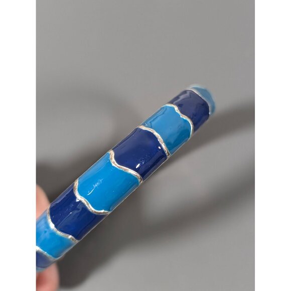 Blue Enamel Stripe Bangle Bracelet Silver Tone 8" Coastal Chic - Picture 3 of 7